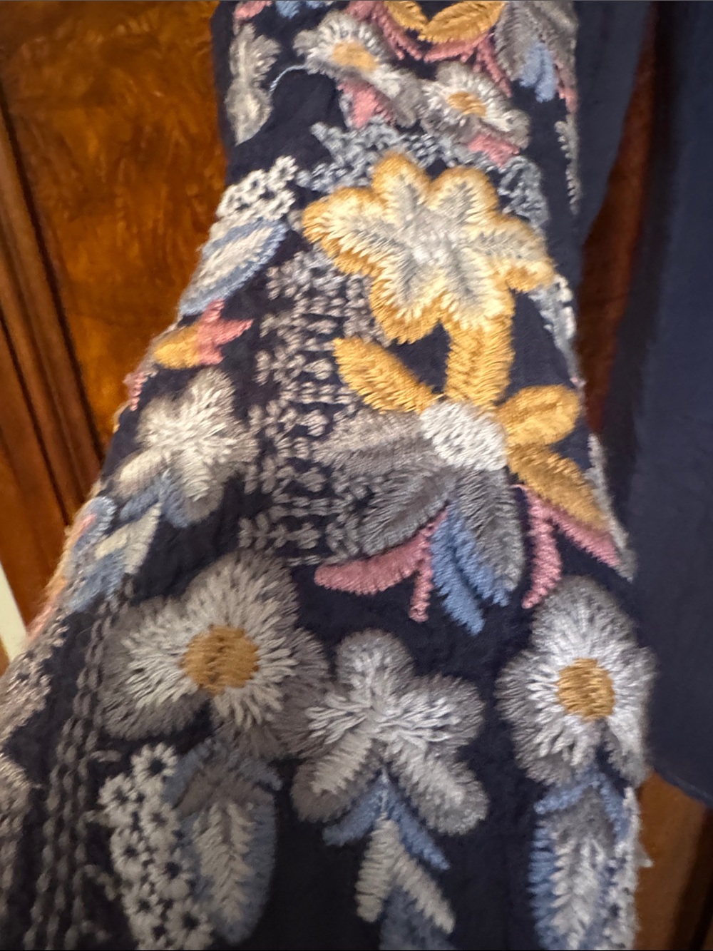 Johnny Was Navy Embroidered V-Neck Peasant Blouse - Picture 7 of 9